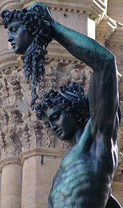 Cellini's Perseus: front left upper torso and faces of Perseus and Medusa, huge