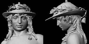 Donatello's David: laser scan, grey, head and shoulders, front and left profile