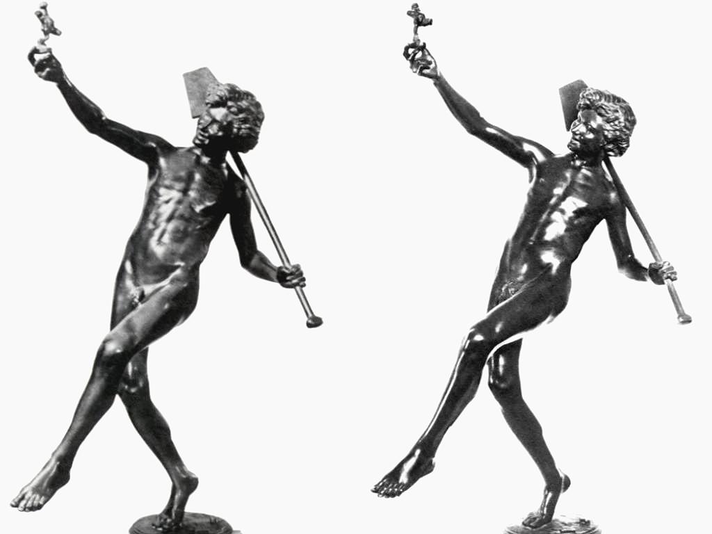 Two bronze statuettes of Moulin's 'Find at Pompeii', wallpaper size. Click to return to main Moulin page.