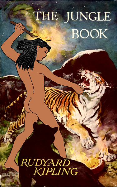 Variation on Jungle Book cover - Mowgli attacking Shere Khan by Stuart Tresilian as he might have originally appeared