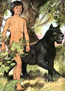 Mowgli and Bagheera in the jungle