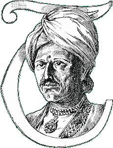 Illuminated letter T depicting Sir Purun Dass, K.C.I.E., D.C.L., Ph.D., etc.